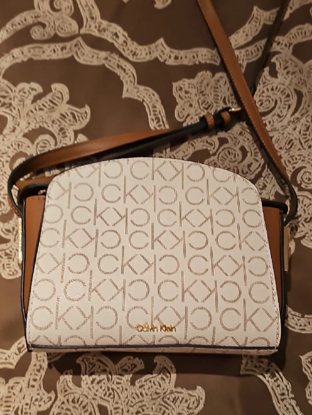 Calvin Klein White & Tan Logo Dome Crossbody Bag
